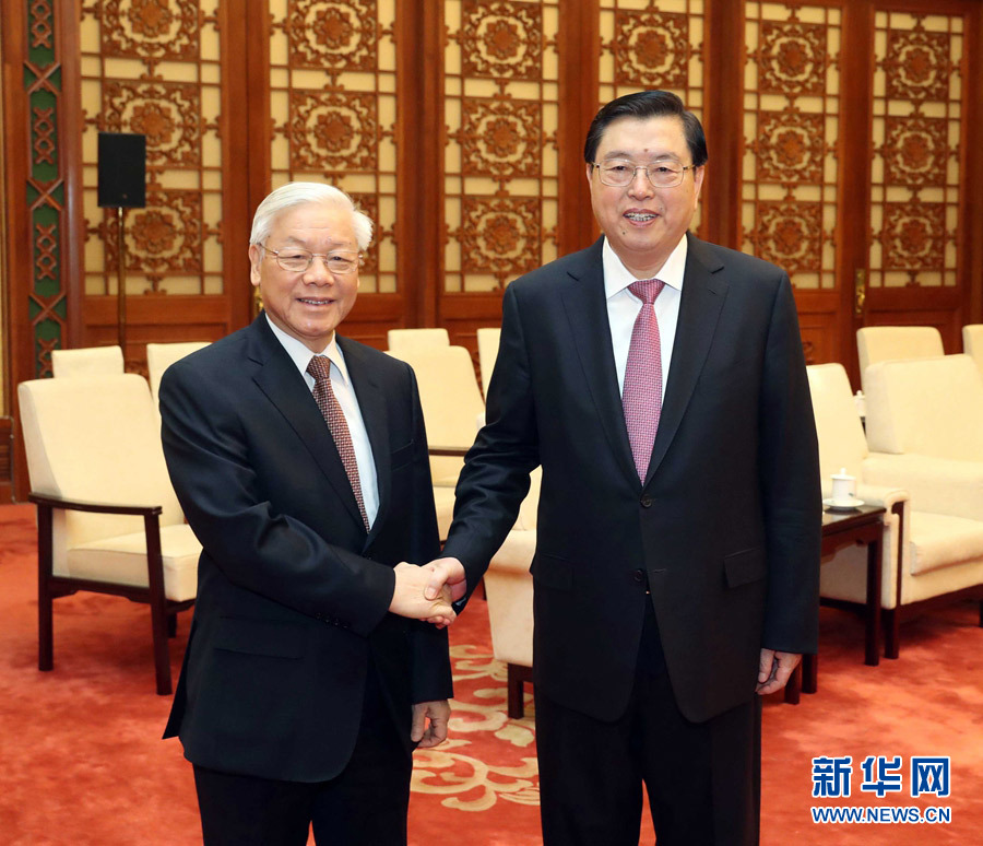 1月13日，中共中央政治局常委、全國人大常委會委員長張德江在北京人民大會堂會見越共中央總書記阮富仲。 新華社記者 劉衛(wèi)兵 攝