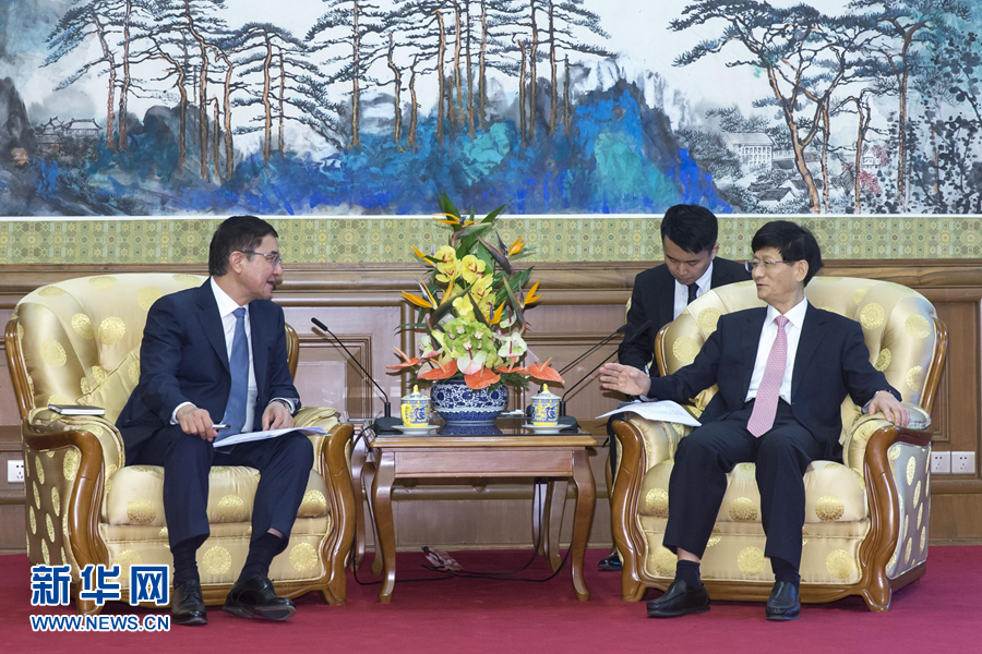 7月19日，中共中央政治局委員、中央政法委書記孟建柱在北京會見烏茲別克斯坦副總理庫奇卡羅夫。 新華社記者崔新鈺攝