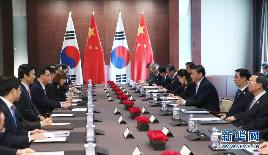 7月4日，國家主席習(xí)近平在首爾會見韓國總理鄭烘原。 新華社記者謝環(huán)馳攝 