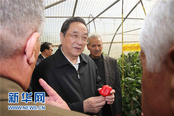 11月8日，正在約旦進(jìn)行正式友好訪問的全國(guó)政協(xié)主席俞正聲在約旦河谷參觀碩果農(nóng)業(yè)合作社。 新華社記者 劉衛(wèi)兵 攝 