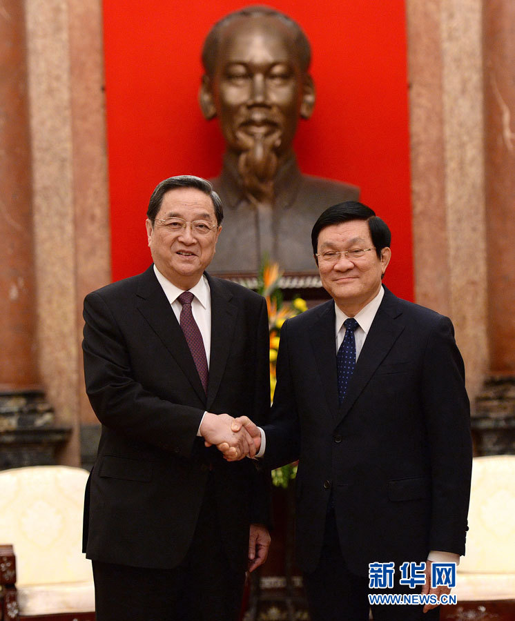 12月25日至27日，中共中央政治局常委、全國政協(xié)主席俞正聲對越南進(jìn)行正式訪問。這是12月26日，俞正聲在河內(nèi)會(huì)見越南國家主席張晉創(chuàng)。 新華社記者馬占成攝