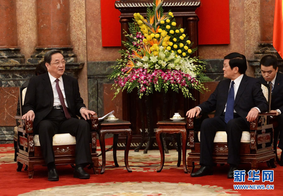 12月25日至27日，中共中央政治局常委、全國政協(xié)主席俞正聲對越南進(jìn)行正式訪問。這是12月26日，俞正聲在河內(nèi)會(huì)見越南國家主席張晉創(chuàng)。 新華社記者劉建生攝