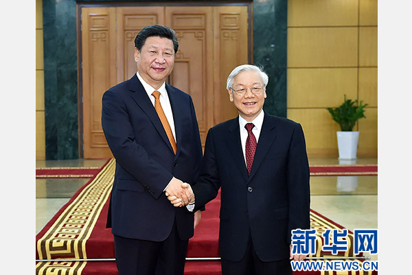 11月5日，中共中央總書記、國家主席習(xí)近平在河內(nèi)同越共中央總書記阮富仲舉行會談。 新華社記者李濤攝