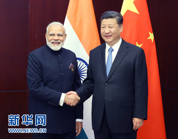 6月9日，國家主席習(xí)近平在阿斯塔納會見印度總理莫迪。 新華社記者姚大偉 攝